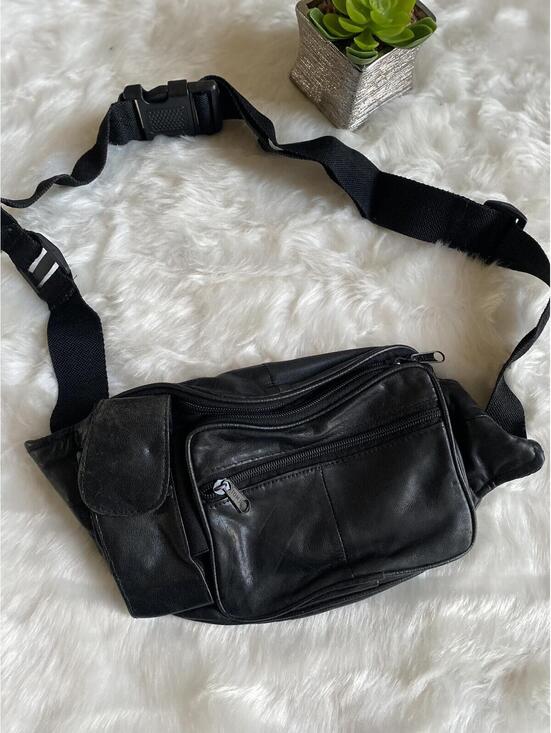 Other - Black Leather Waist Bag with Multiple Zipper Pockets